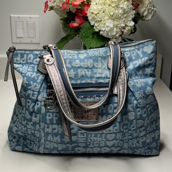 Coach Handbags - Coach 16988 Poppy Denim Blue and Silver Tote Shoulder Bag